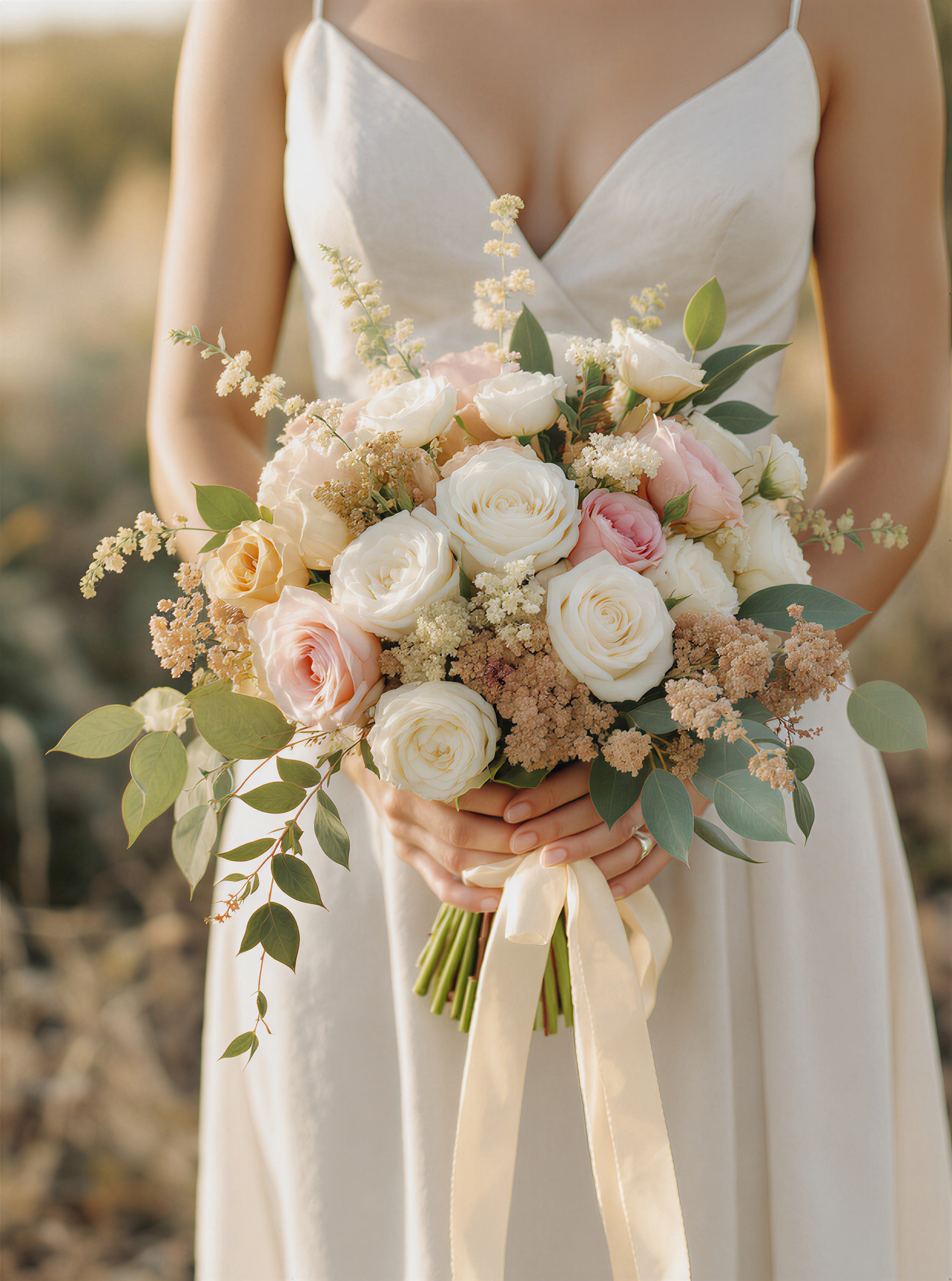 Close-up of a lush bridal bouquet of garden roses and ranunculus in soft cream and blush against neutral linen.