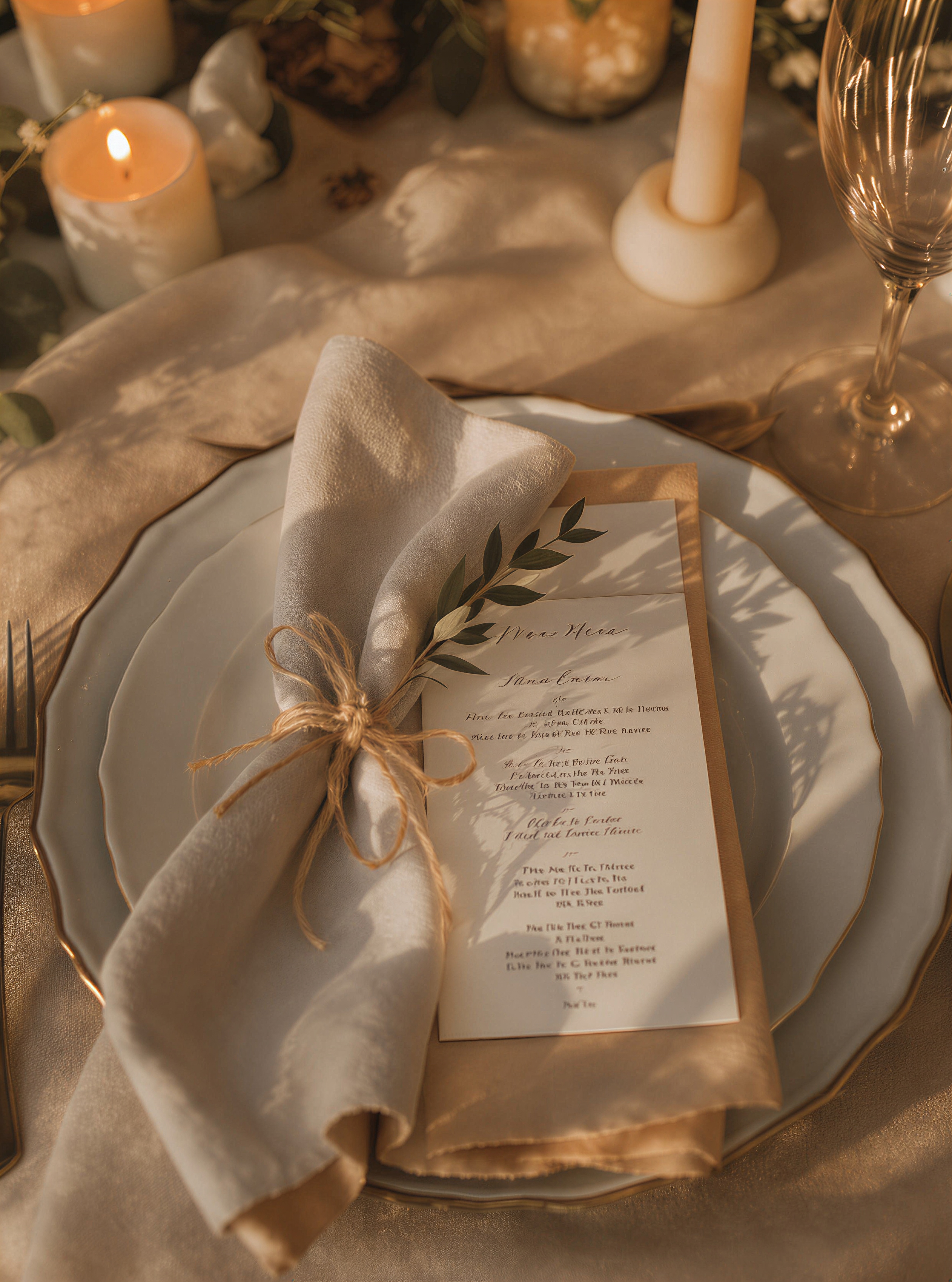 A wedding place setting: linen napkin tied with twine and a sprig, a hand-lettered menu card, and a single taper candle.