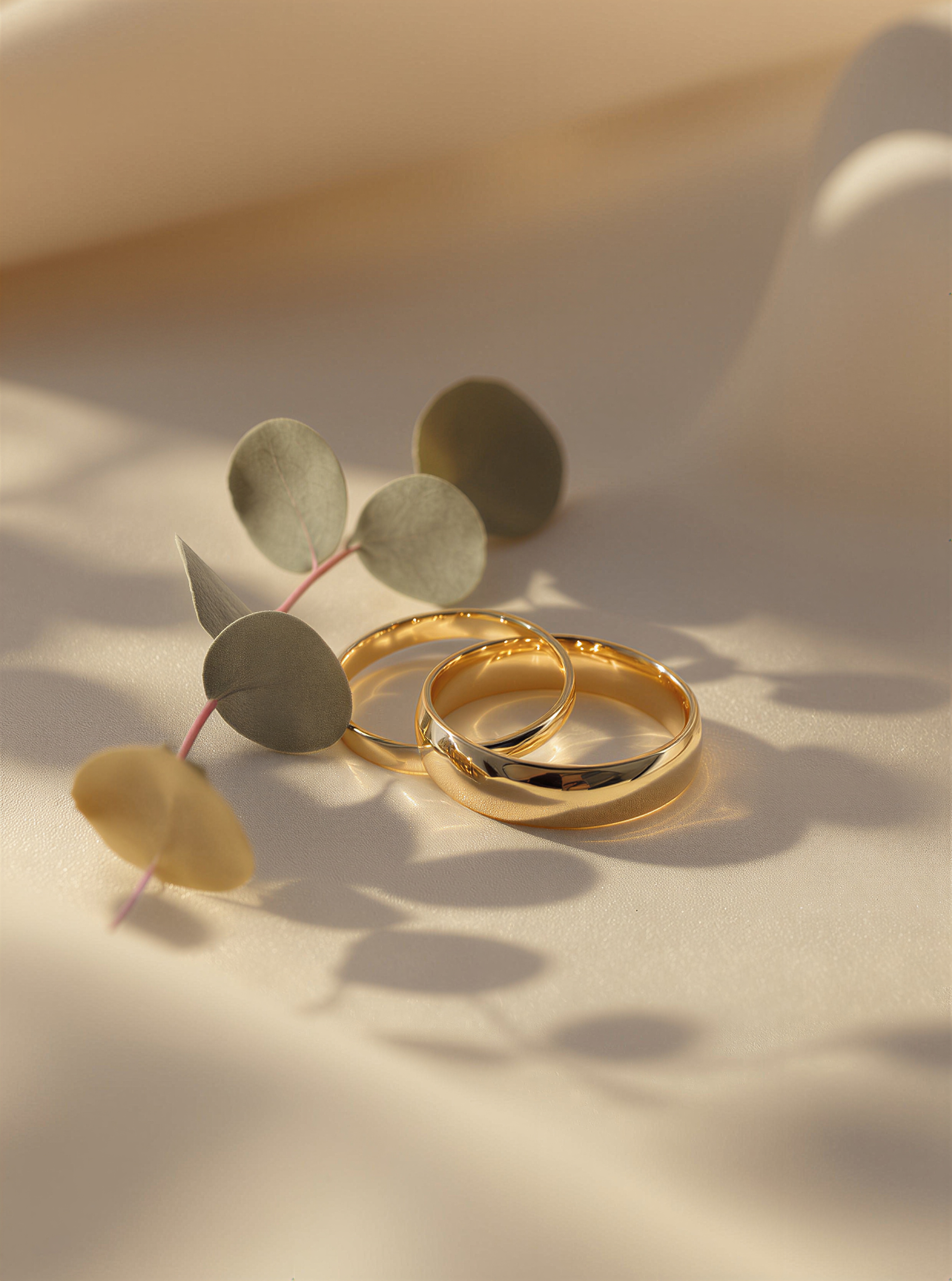 Macro of two gold wedding bands resting on cream handmade paper beside a sprig of eucalyptus, warm directional light.
