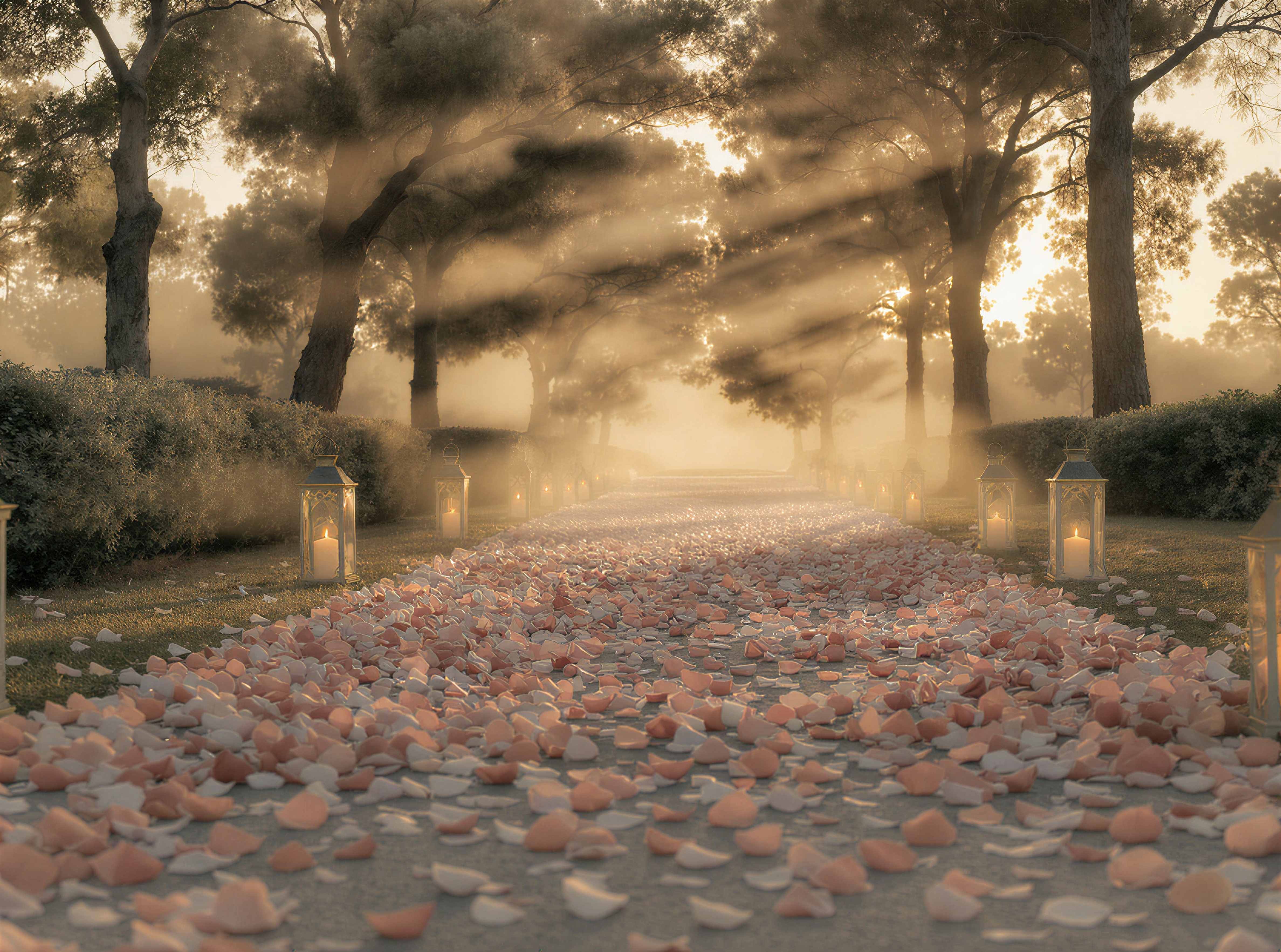 An outdoor wedding aisle lined with rose petals and glowing lanterns, soft golden backlight through the trees.