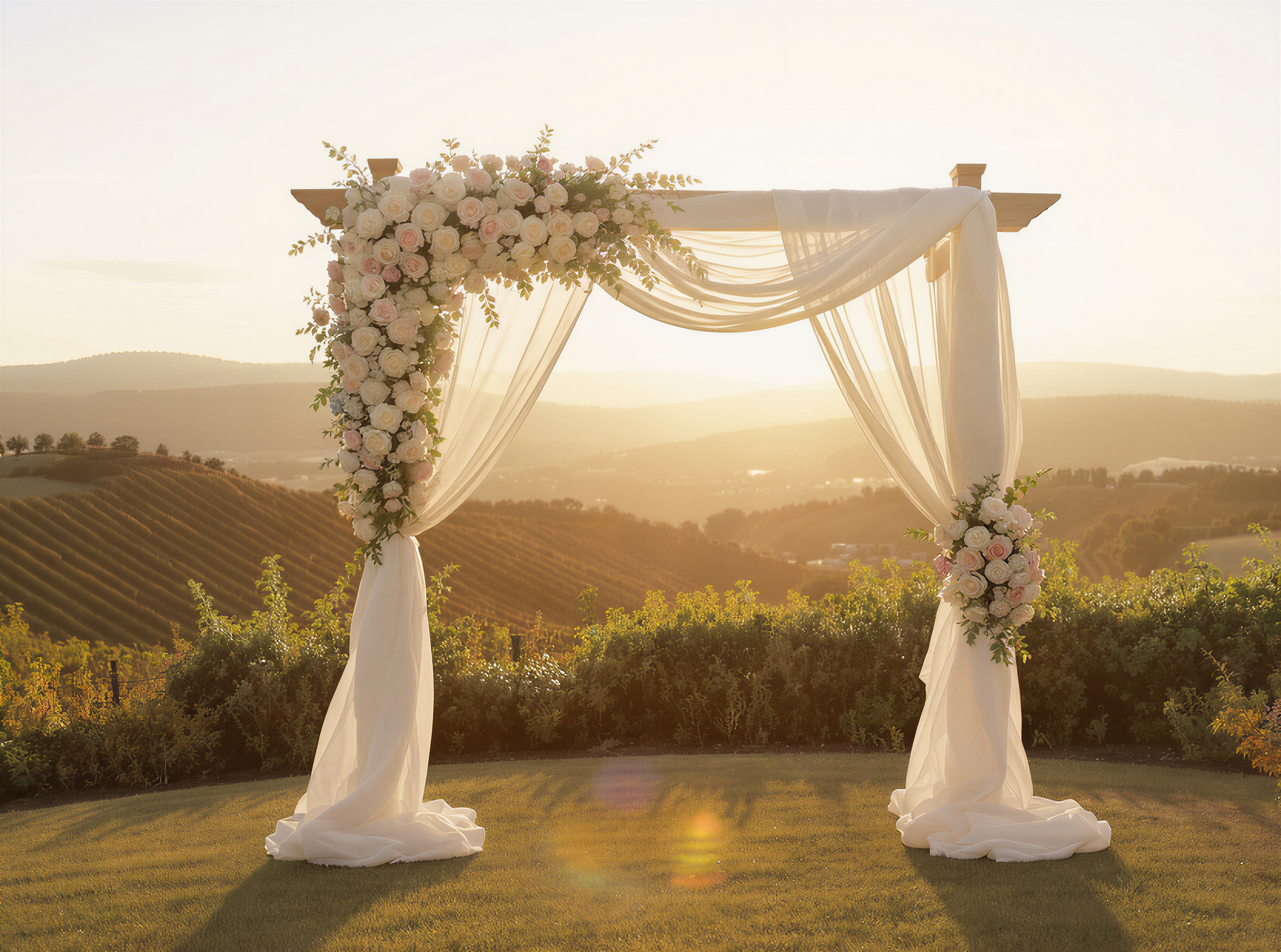 A ceremony arch draped in flowing ivory linen and blush garden roses overlooking a sunlit vineyard at golden hour.
