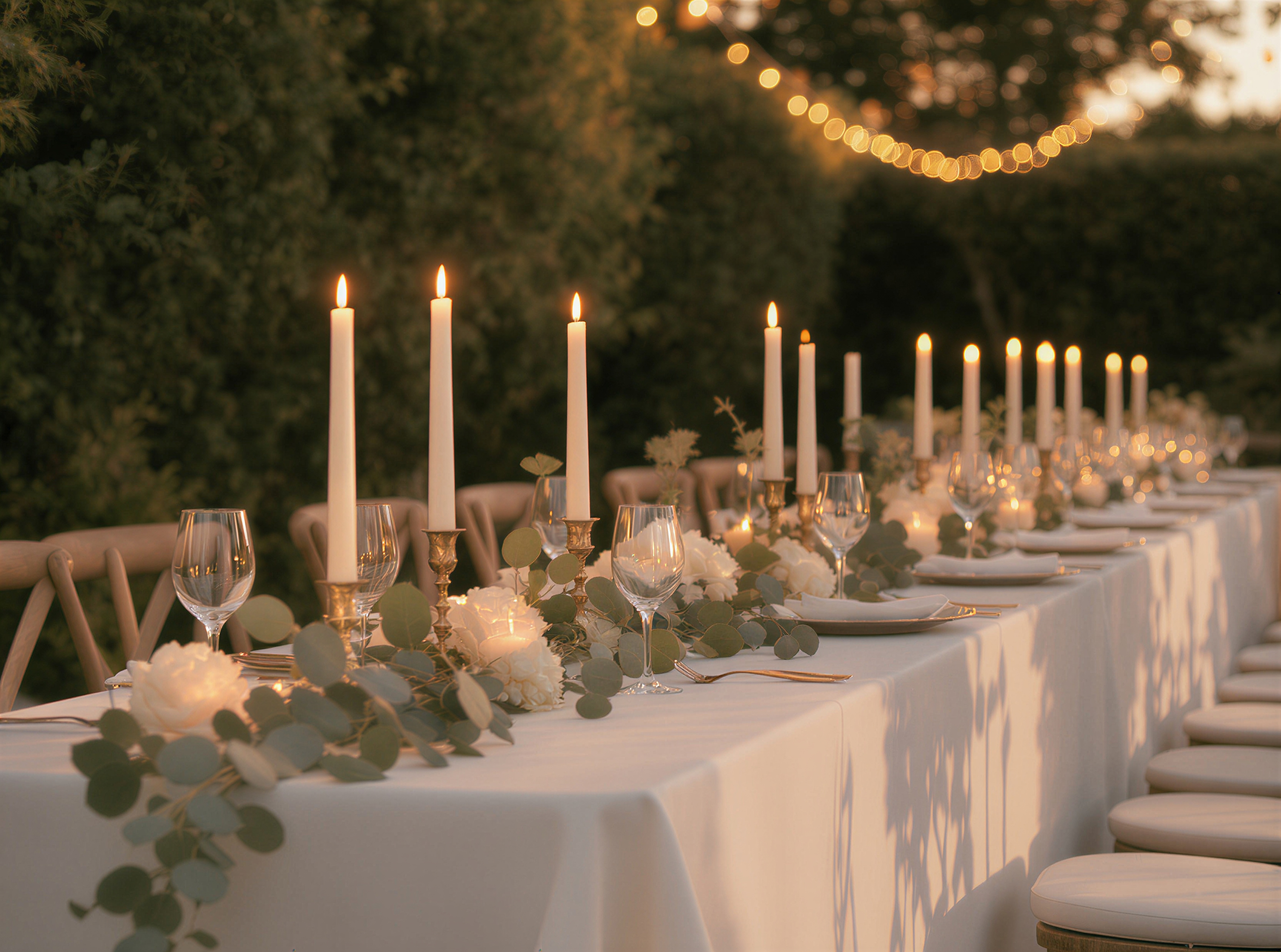 A long candlelit wedding reception table dressed in ivory linen beneath warm string lights at dusk.