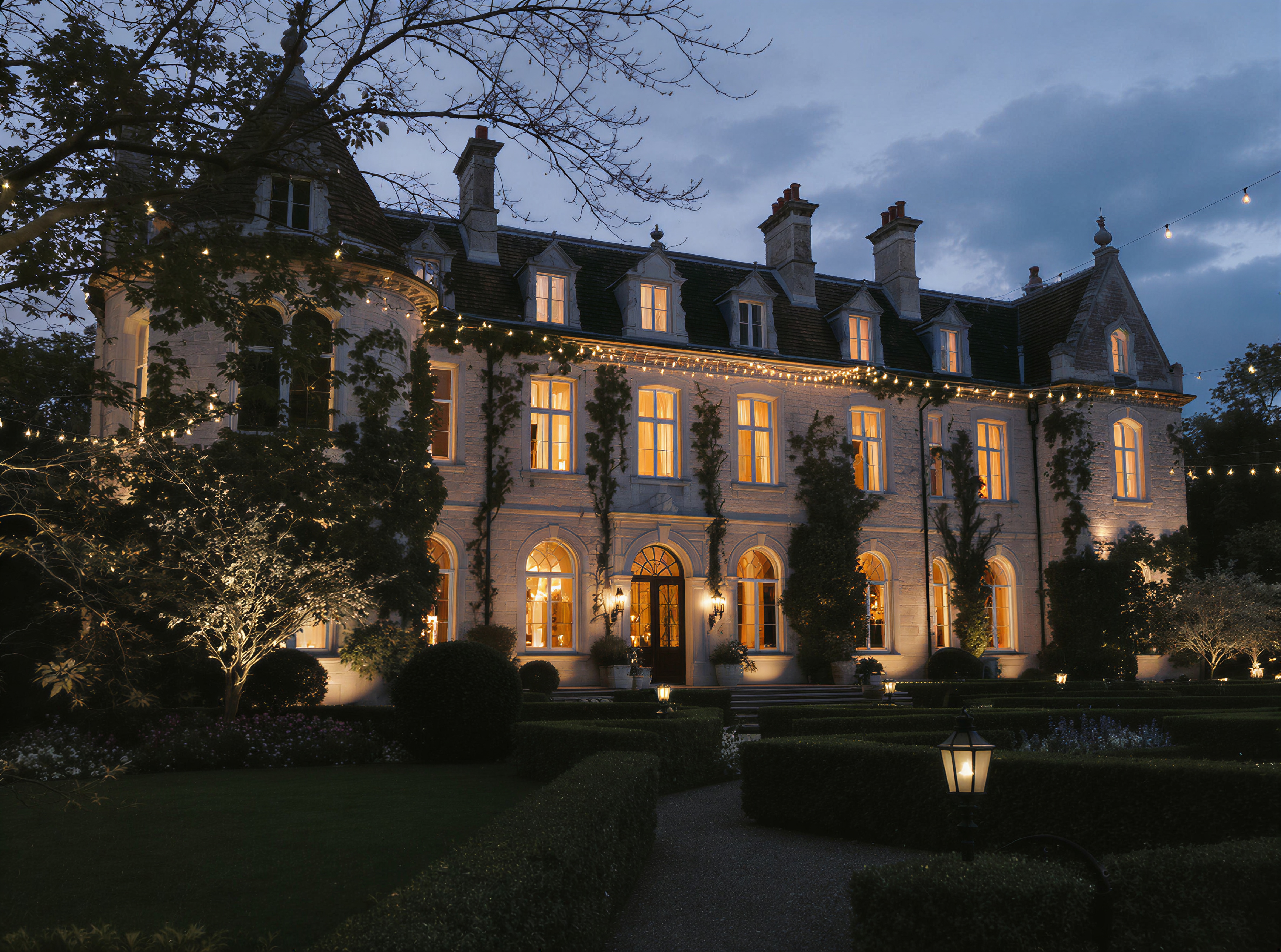 An elegant estate wedding venue glowing at blue-golden dusk with delicate string lights and a manicured garden.