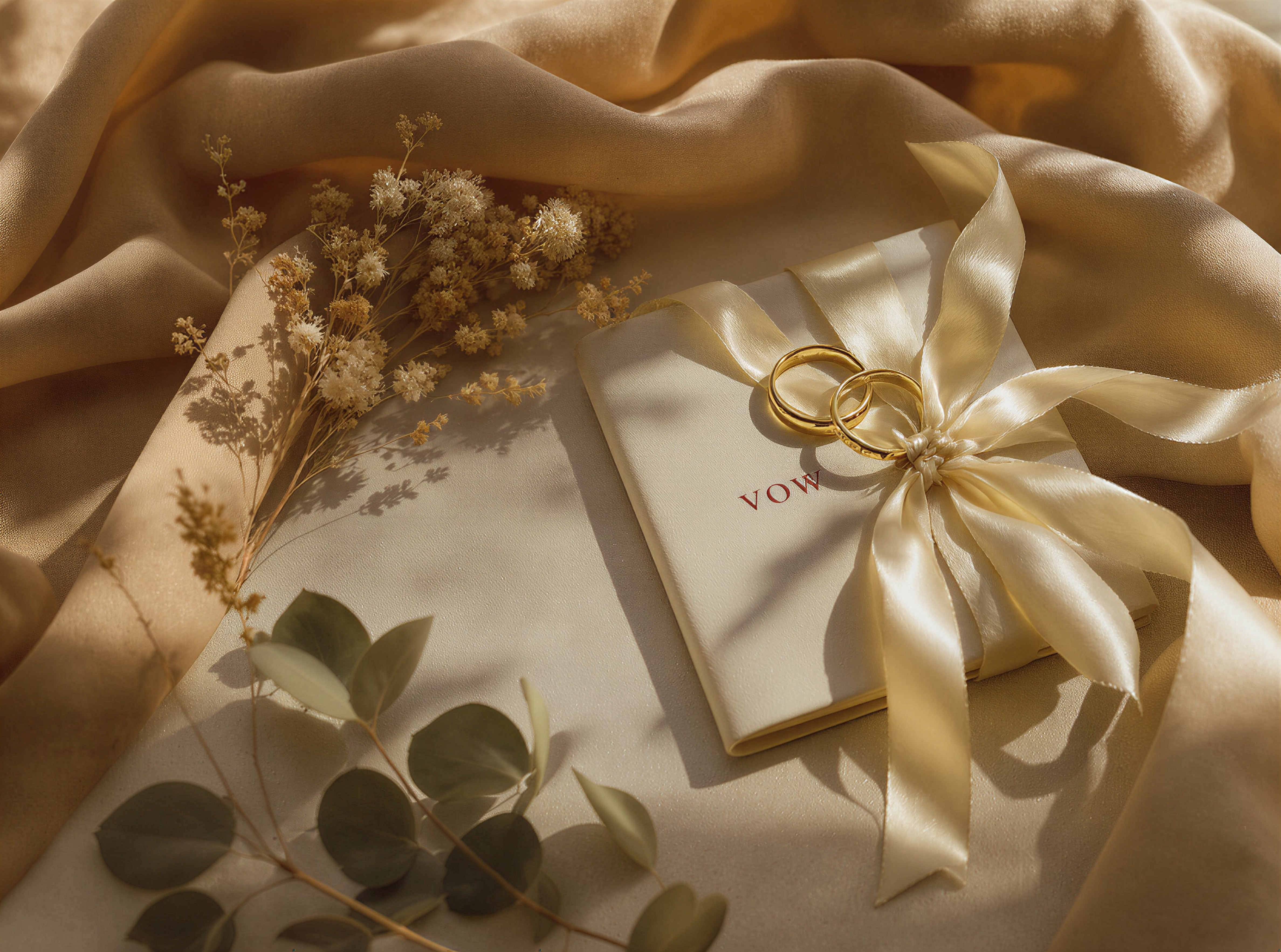 A flatlay of two gold wedding bands, a folded vow booklet tied with silk ribbon, and pressed dried florals in soft window light.