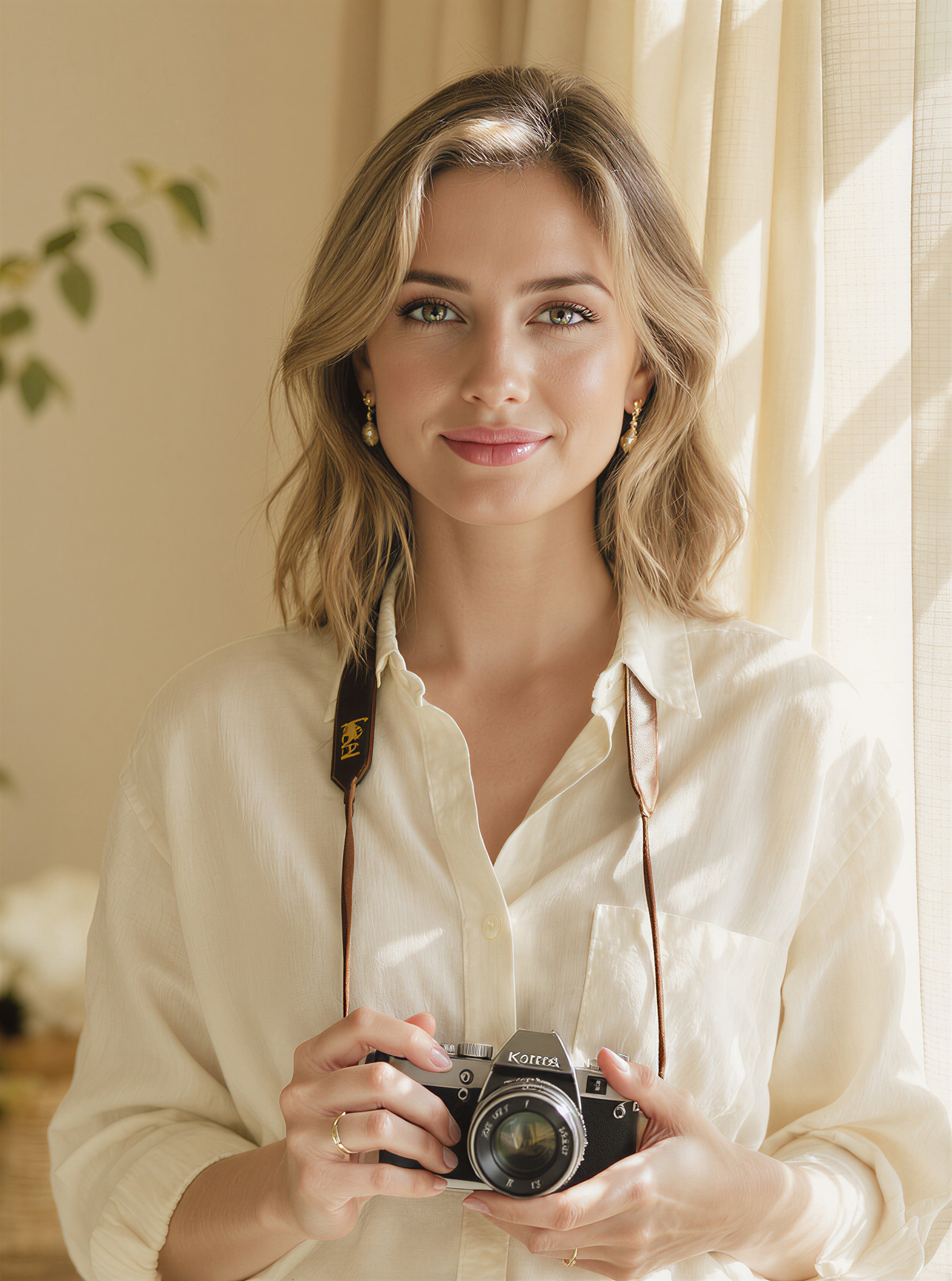 The studio’s lead wedding photographer holding a film camera in soft warm window light, relaxed confident smile.