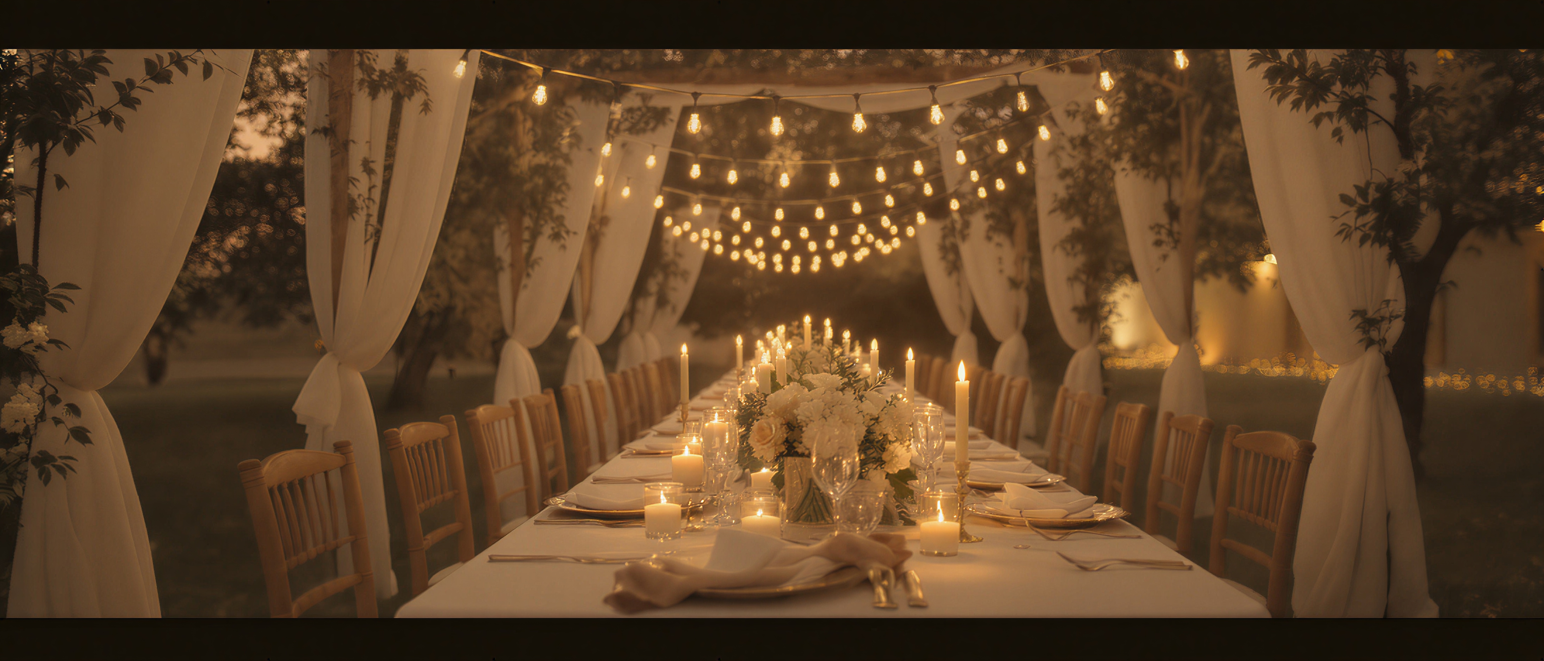 A dreamy candlelit outdoor wedding reception at golden hour beneath a canopy of warm string lights.