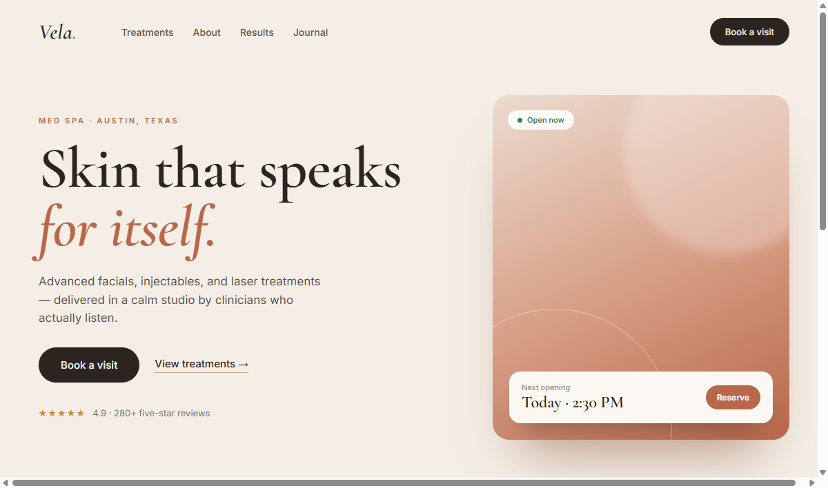 Preview of the new hand-built med spa homepage