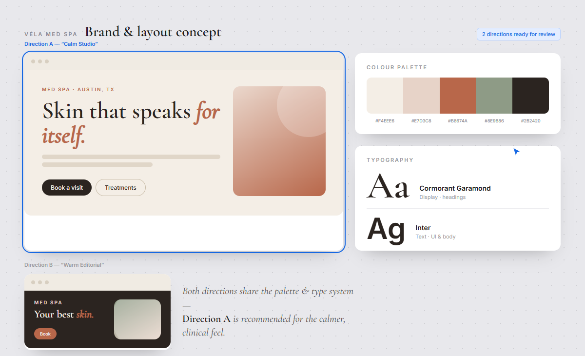 Brand and layout concept board for a med spa redesign